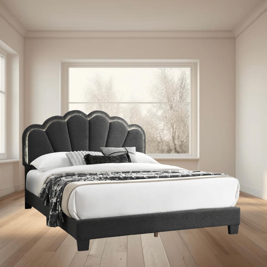 Queen Size Wool Upholstered Platform Bed Frame with Floral LED Headboard for Modern Bedrooms, Box Spring Not Required