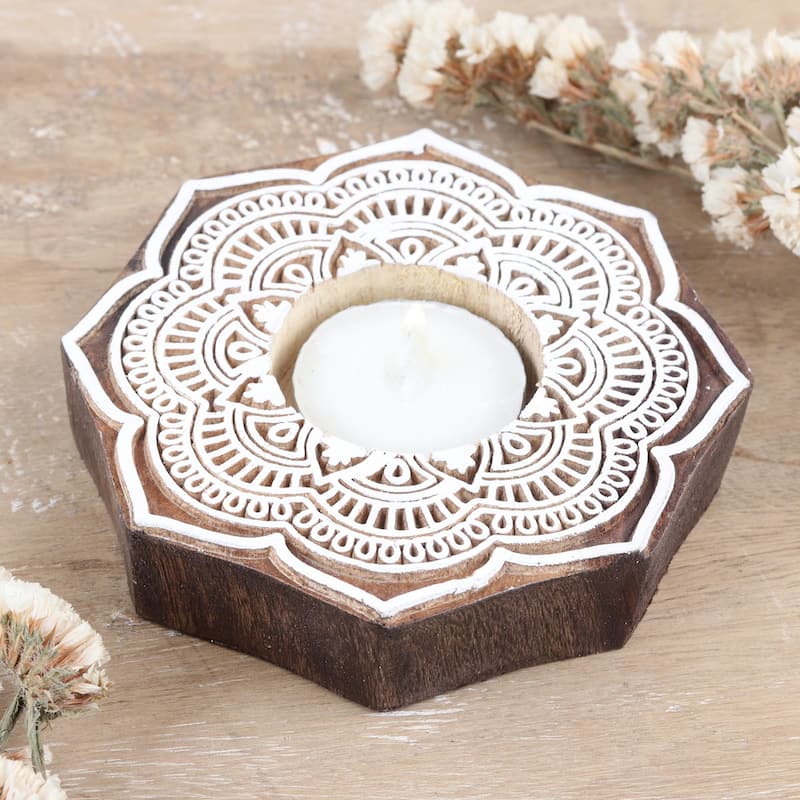 Novica Handmade Lotus Art Wood Tealight Holder