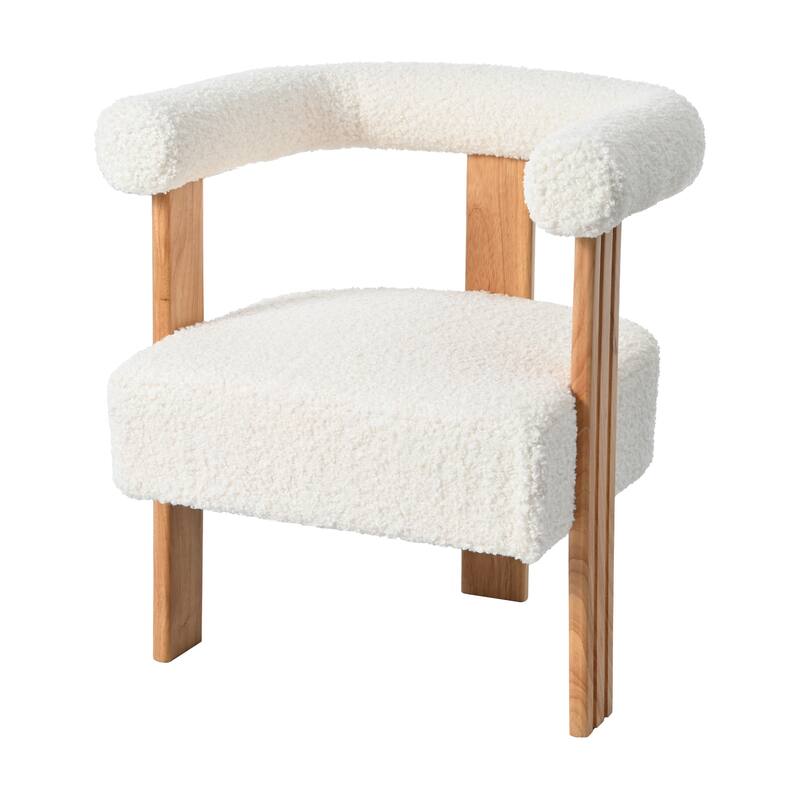White Mid-Century Modern 25" Upholstered Barrel Accent Chair with Rubber Wood Legs