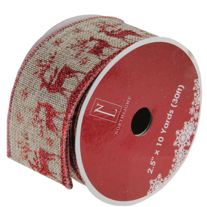 Red and Beige Reindeer Burlap Wired Christmas Craft Ribbon 2.5" x 10 Yards