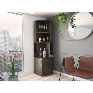 FM Furniture The Seattle Corner Bar Cabinet with 3 Open Shelves, Glass Rack, 8 Bottle Cubbies, and Double Doors