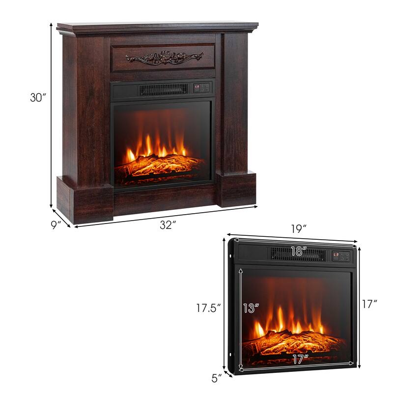 32" Brown Electric Fireplace with Mantel Shelf and 1400W Heating Overheat Protection - 32" x 9" x 30"