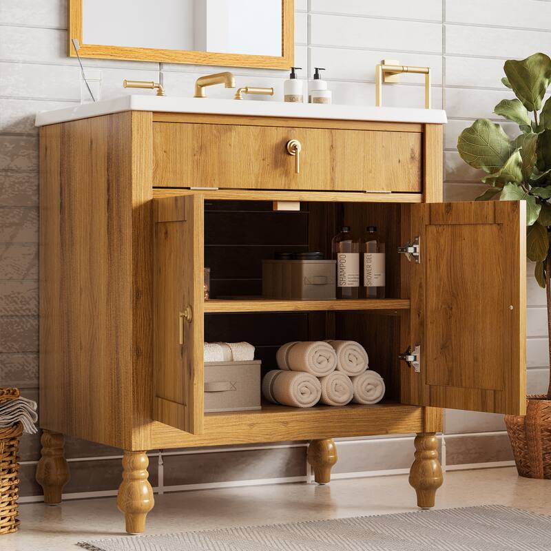 Christopher Knight Home - Jin 30-Inch Walnut Bathroom Vanity: Seashell Resin Sink & Flip-Up Storage