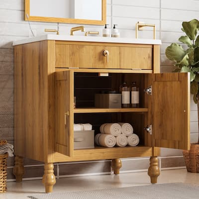 Christopher Knight Home - Jin 30-Inch Walnut Bathroom Vanity: Seashell Resin Sink & Flip-Up Storage