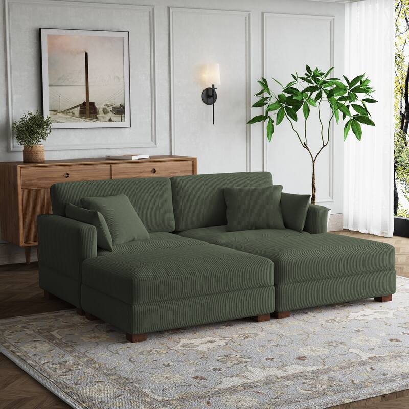 Sectional Sofa Set Modular Couch with Ottomans - Green Set/2 Pillows - Symmetrical