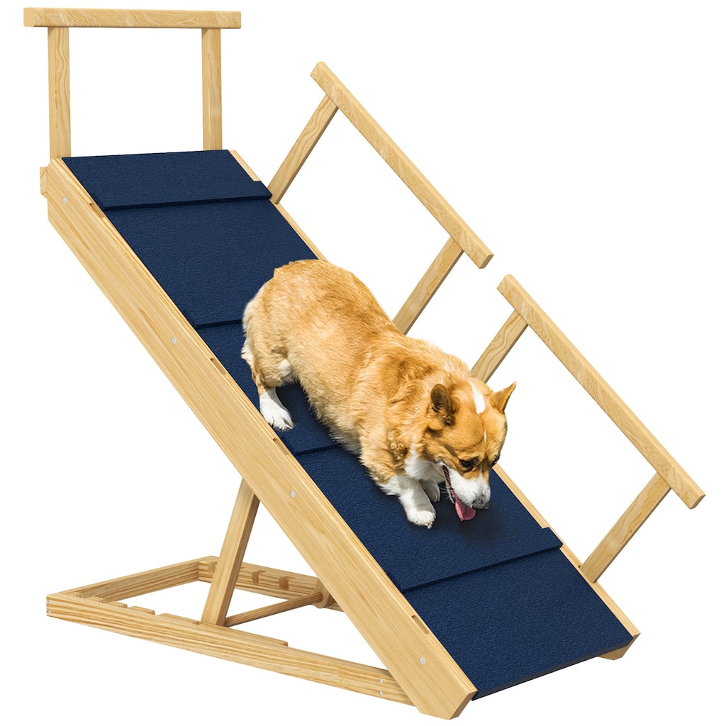 Anmytek Foldable Pet Dog Ramp Stairs Adjustable Height Non Slip for Beds Sofas Large Breeds - Natural Wood