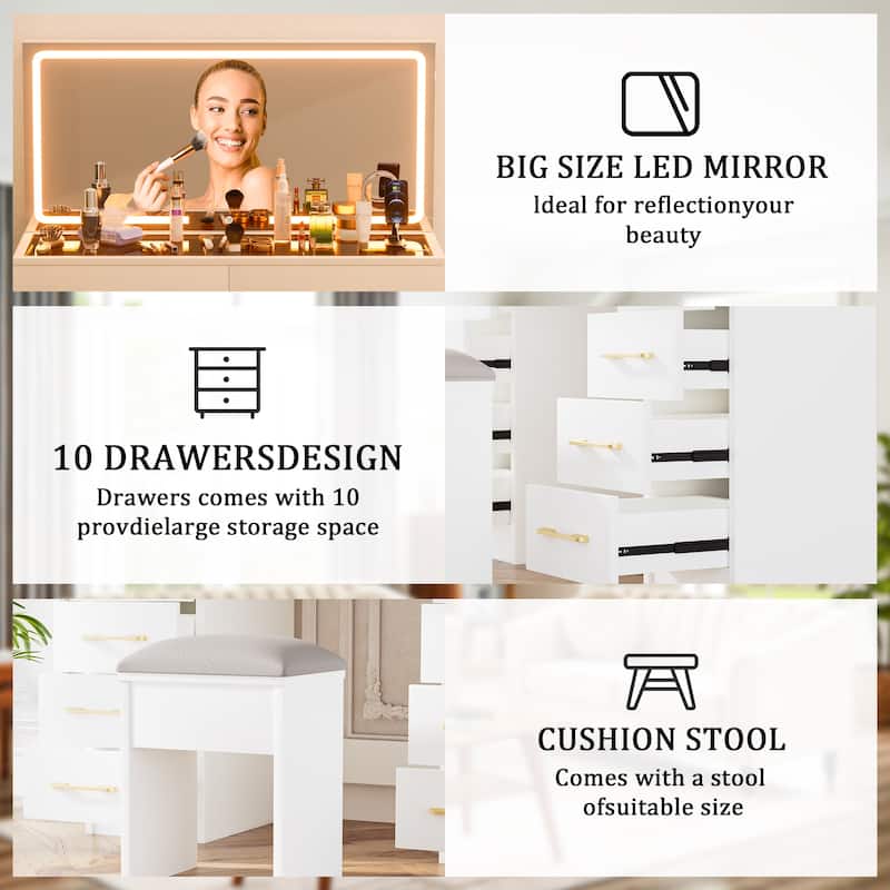 46" Glass Top Vanity Desk with Lighted Mirror, 10 Drawers, Power Outlet, USB Port & Stool, White Makeup Table for Bedroom