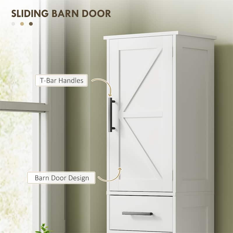 White MDF Tall Bathroom Cabinet with Barn Doors, Drawer and Adjustable Shelves - 15.7" L x 11.8" W x 66.9" H
