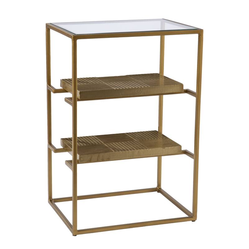 24" Modern Rectangular Brass Glass End Table with 2 Storage Shelves and Iron Sled Base for Living Room