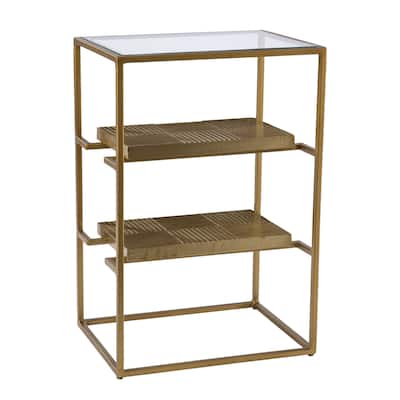 24" Modern Rectangular Brass Glass End Table with 2 Storage Shelves and Iron Sled Base for Living Room