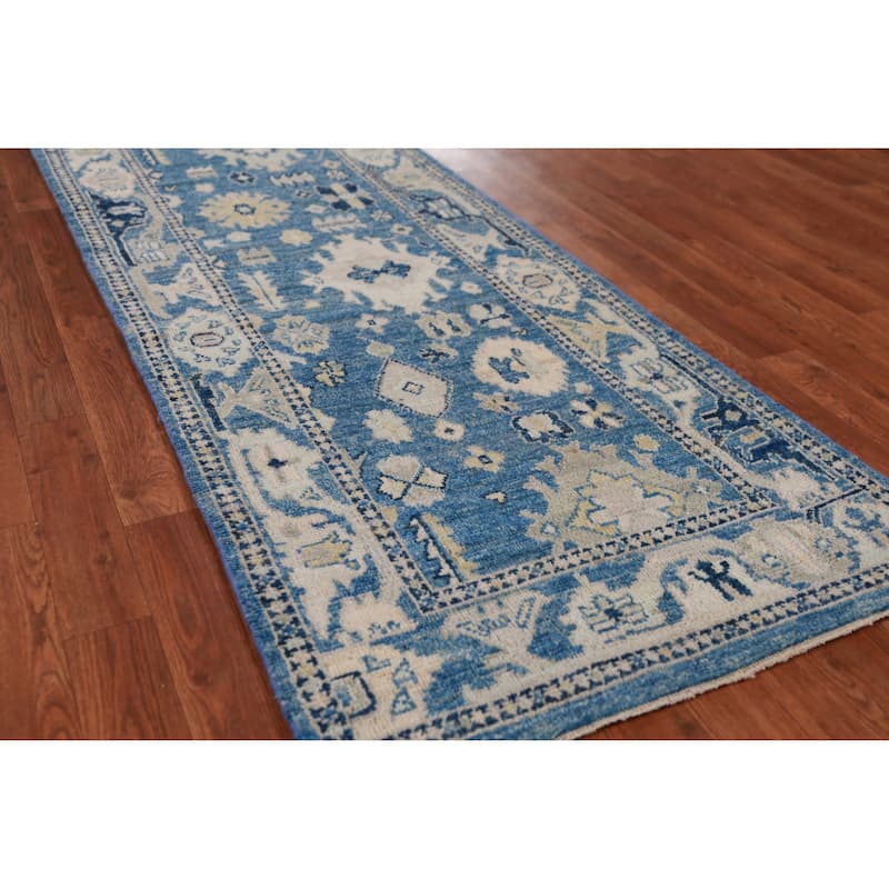 Hand Knotted Oriental 100% Wool Carpet Transitional All-Over Navy Blue & Blues Oushak Runner Rug - 16' 7'' X 2' 7''