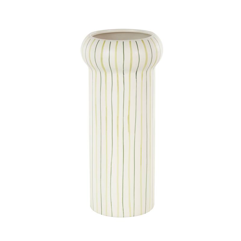 White Ceramic Round Decorative Vase with Green Linear Patterns