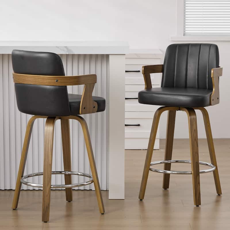 Upholstered Swivel Barstool with Arms and Bentwood Legs - 40.8"H x 18.9"W x 19.5"D/19.3"D