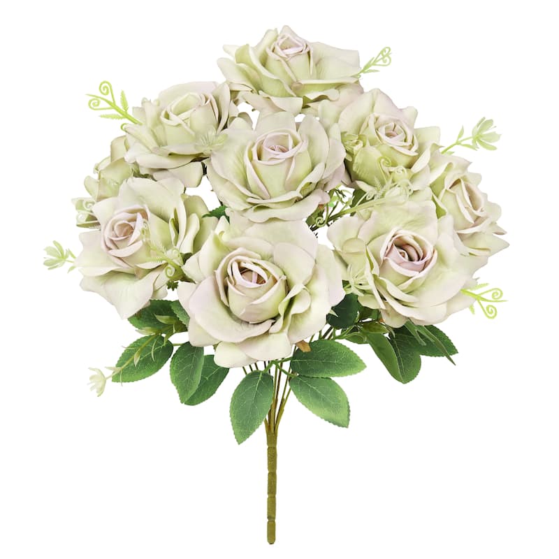 Set of 2 Beige Green Artificial Gardenia Rose Flower Stem Bush Bouquet 17in - 17" L x 11" W x 11" DP - Beige Grey - 17" L x 11" W x 11" DP