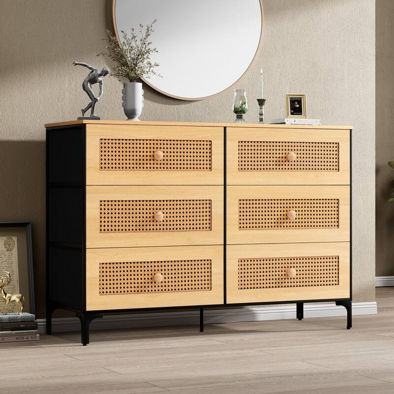 Wide Fabric Dresser 6 Drawer Dresser Storage Tower Unit - Natural
