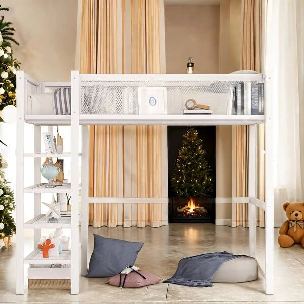 slide 2 of 11, Modern Style Twin Size Metal Loft Bed with 4-Tier Shelves and Storage, Bunk Bed White