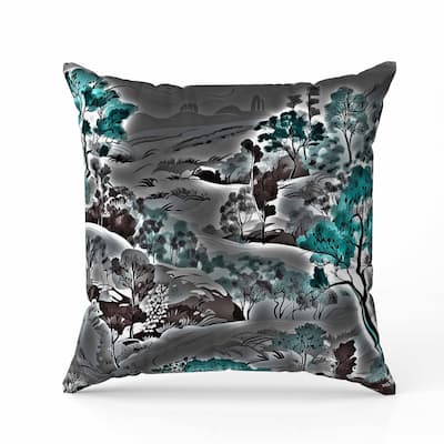 Leaf Magic Stories Indoor/Outdoor Reversible Throw Pillow Grey and Turquoise