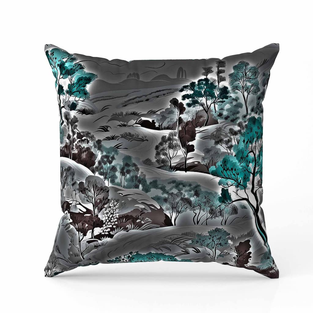 Leaf Magic Stories Indoor/Outdoor Reversible Throw Pillow Grey and Turquoise