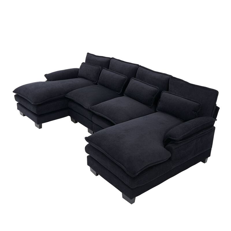Symmetrical Chenille Upholstered Sectional Sofa U-shaped Cloud Couch with Double Chaise, Side Pockets and Double-layer Cushions