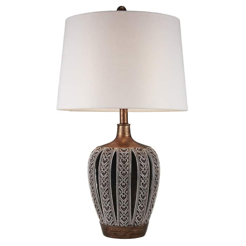 Brown Polyresin Bedside Lamp with White Empire Shade 3 Way Switch - 16” x 16” x 28.25” (D x W x H) - Brown-White