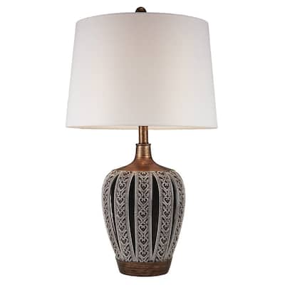 Brown Polyresin Bedside Lamp with White Empire Shade 3 Way Switch - 16” x 16” x 28.25” (D x W x H)