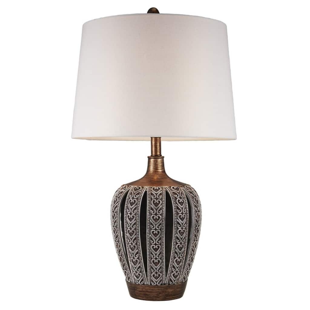 Brown Polyresin Bedside Lamp with White Empire Shade 3 Way Switch - 16” x 16” x 28.25” (D x W x H)
