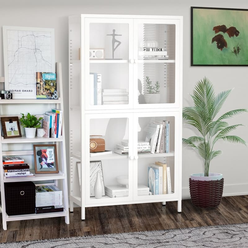 Storage Cabinet with 4 Glass Doors, Modern Sideboard Cabinet with Adjustable Shelves & Steel Feet, Accent Cabinet for Kitchen