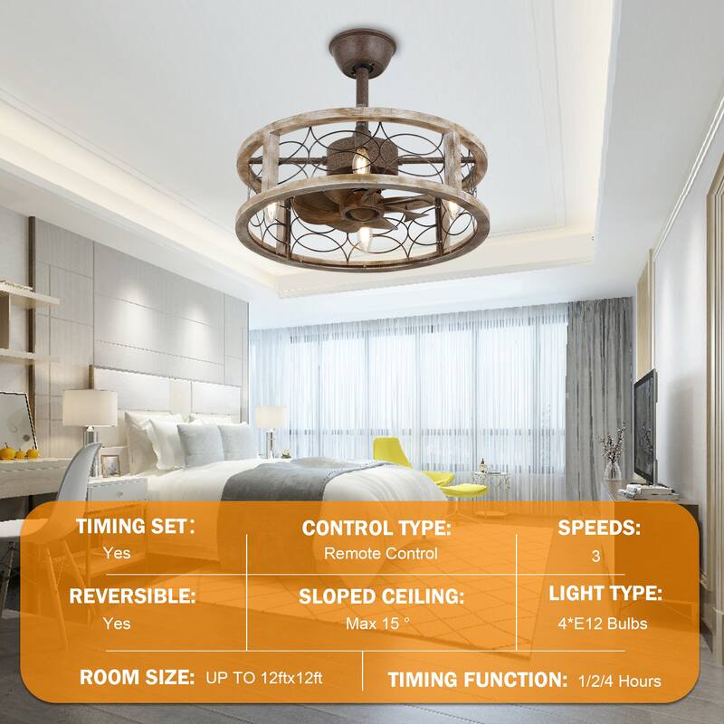 Oaks Aura 18" Farmhouse Solid Wood Reversible Ceiling Fan with Remote, Silent Motor 6-Speed Caged Ceiling Fan with Light