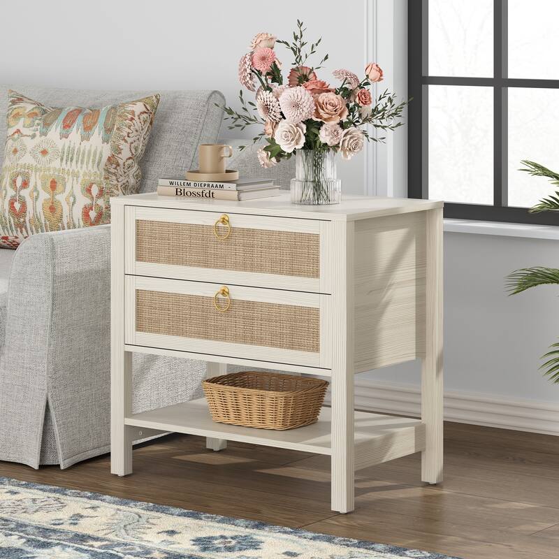 SICOTAS Rattan Boho Nightstand Great Storage for Compact Bedroom Areas - White - 2-drawer