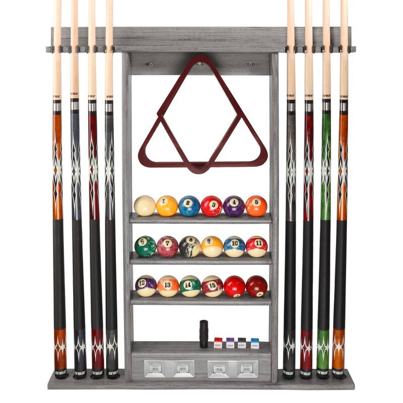 GSE™ 8-Pool Cue Wall Mounting Billiard Cue Rack, Hanging Wall Mounted Pool Cue Stick Holder with Score Counter - Brushed Grey