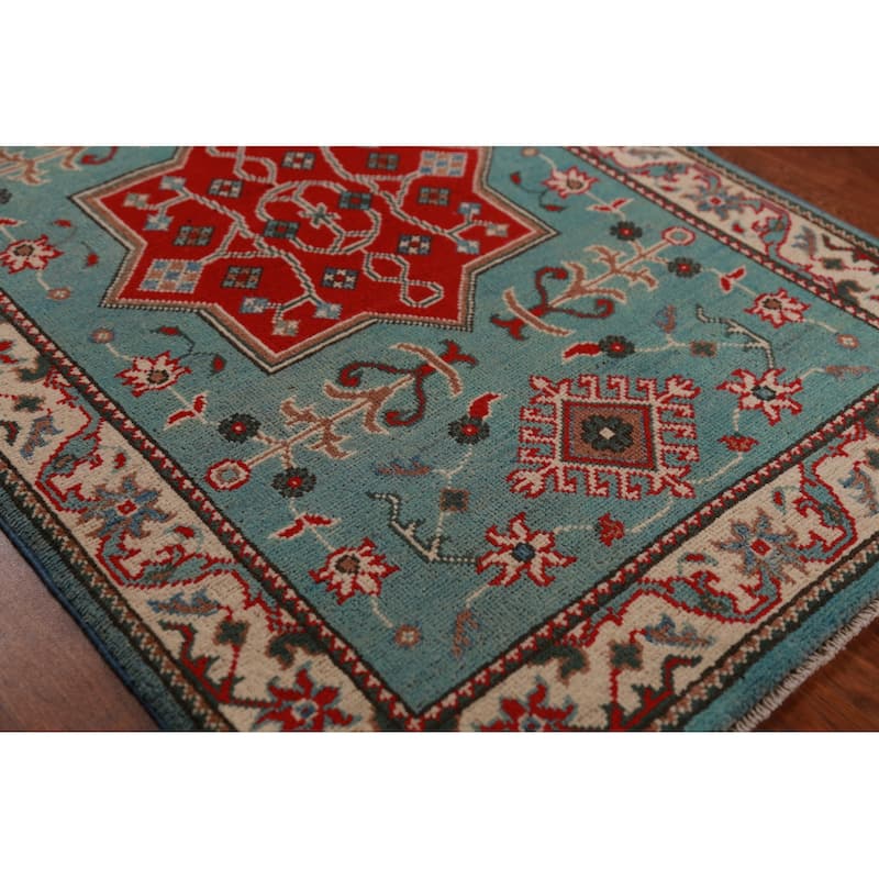 Geometric Kazak Foyer Rug Hand-Knotted Blue Traditional Wool Carpet - 2'8"x 4'0"