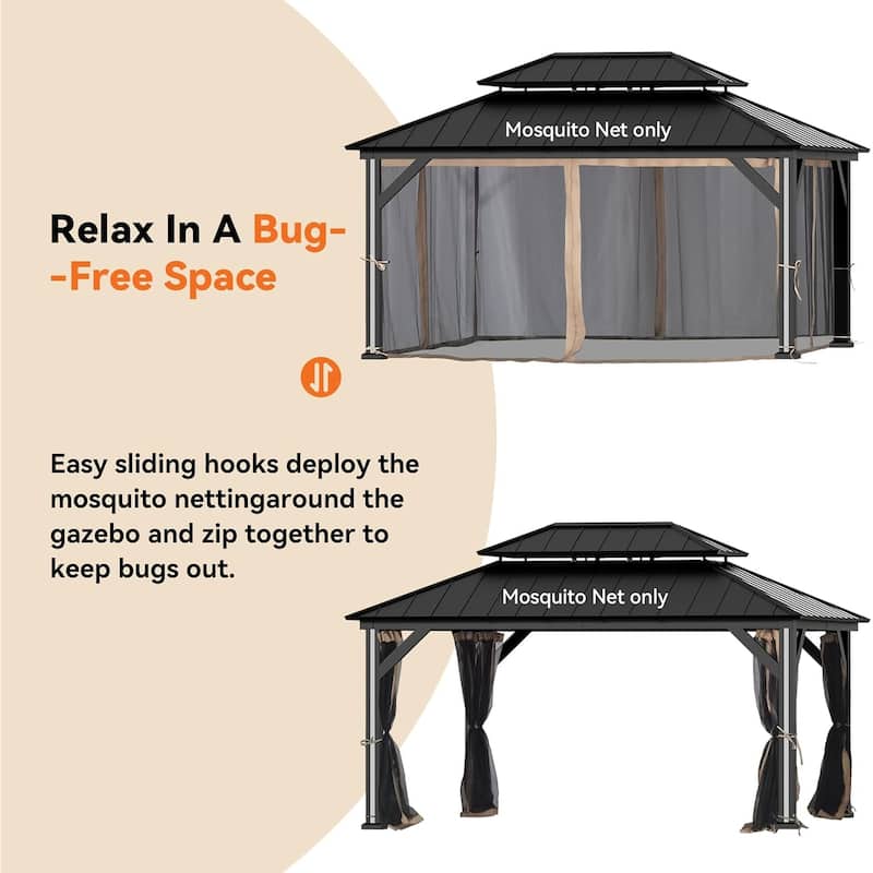 12' x 16', Outdoor Gazebo Mosquito Nettings with Double Zipper, Replacement for Patio Canopy, Garden (Mosquito Net Only)