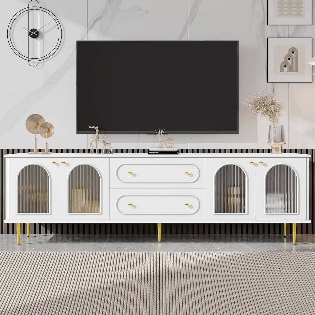 Modern Livingroom TV Stand TV Console Table with 2 Drawers and 2 Cabinets, Fluted Glass Doors TV Cabinet for Up to 80" TVs