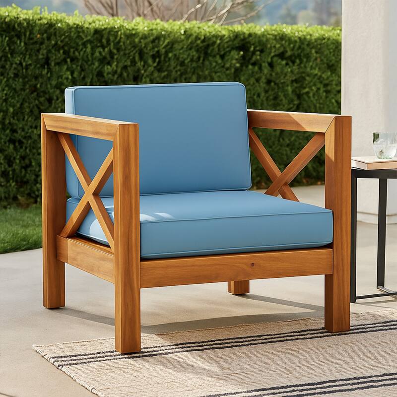 Juna Outdoor Accent Club Chair, Teak Brown Acacia Wood, Blue Fabric