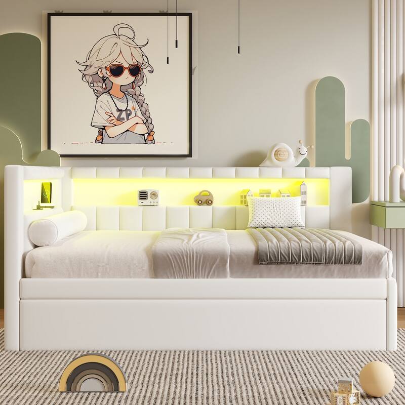 Roomfitters Full Size Upholstered Platform Bed with USB Ports, LED Light Belt and Twin Trundle, Modern Sleeper Bed, White