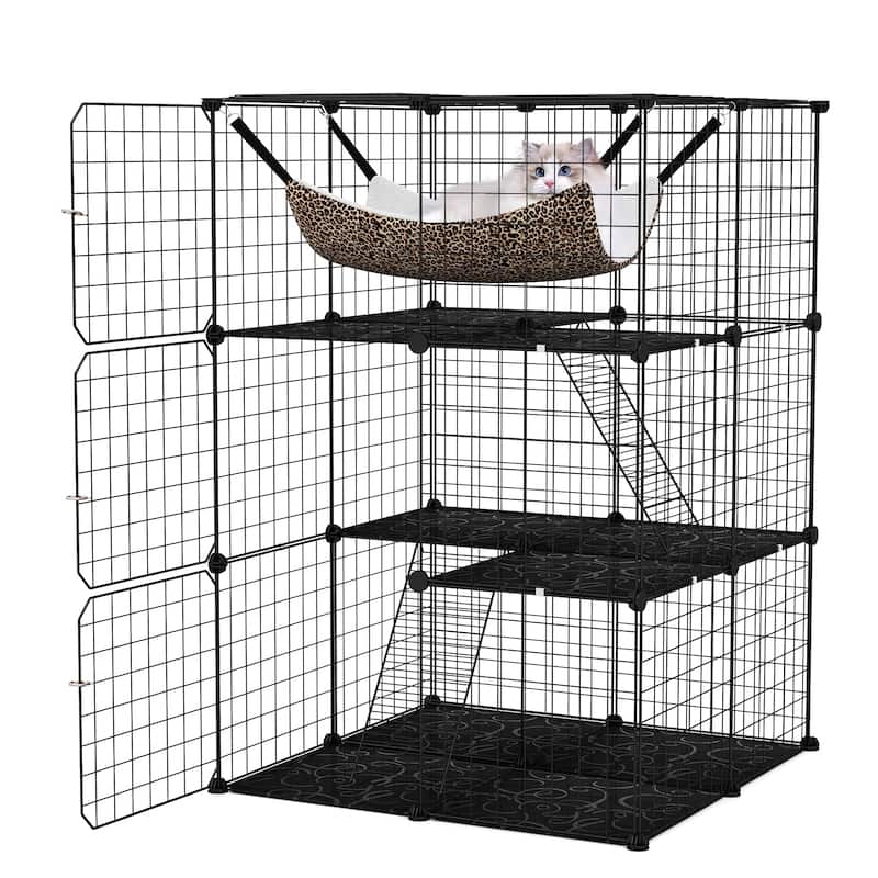 Black PP Metal 3-Tier Cat Cage with DIY Assembly, Hammock and Multi-Platform Playpen - Black