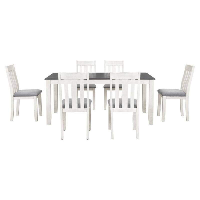 Retro Style 7 PCS Dining Table Set for 6-Extendable Table and 6 Upholstered Chairs