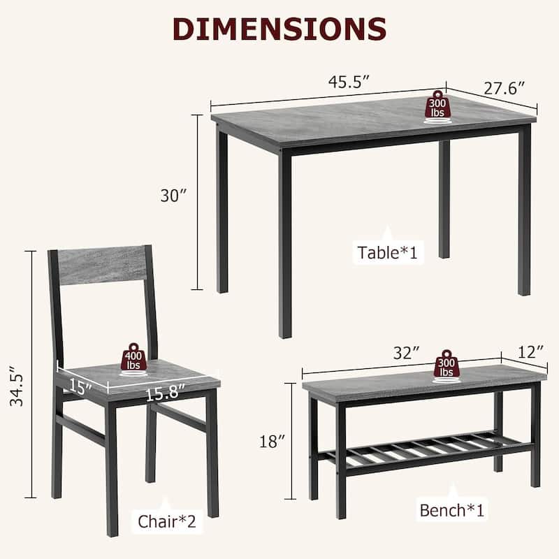 Kitchen Dining Room Table Set with 2 Chairs and Bench for Home Bistro Restaurant Patio Garden
