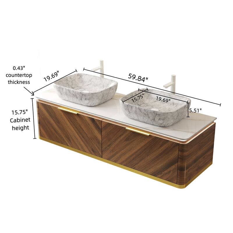 GDFStudio - Dipa 60" Bathroom Vanity with 2 Marble Vessel Basins, Sintered Stone Countertop & Sensor Light, WITHOUT Faucet