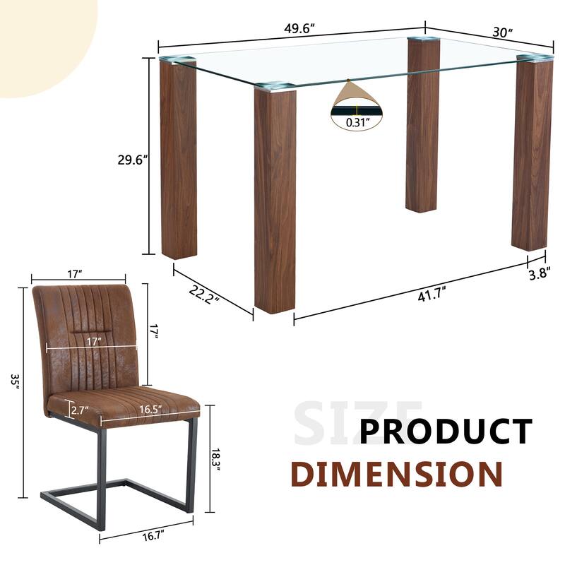 Roomfitters 5pcs Glass Dining Table Set with Walnut MDF Legs and Ergonomic Technology Fabric Chairs, Brown