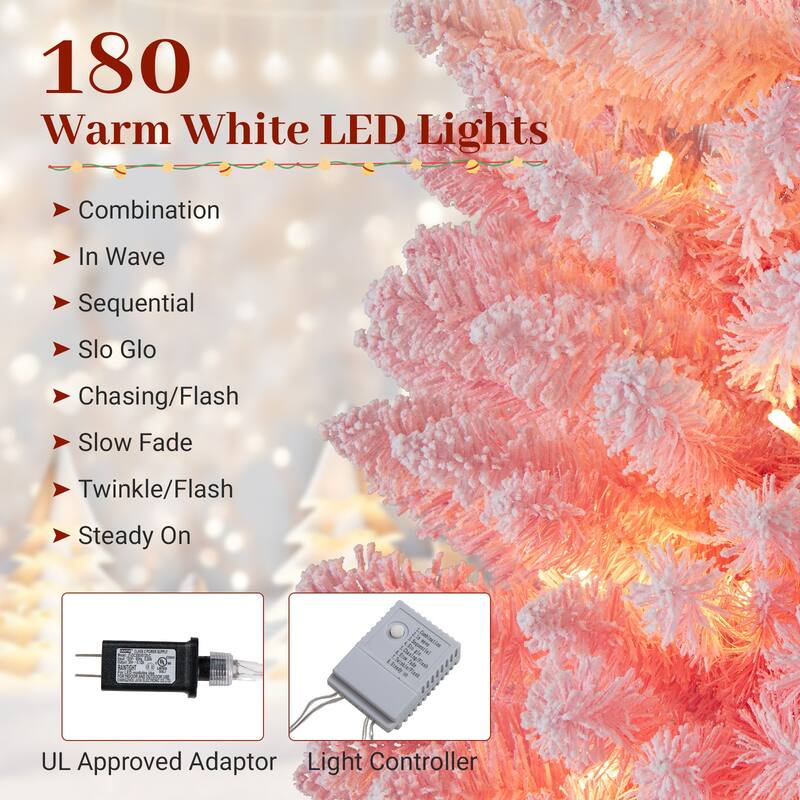 Pink Slim Christmas Tree with LED Lights and Snow-Flocked PVC Branches Included Metal Stand and Gloves