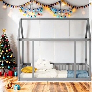 Twin Size Floor Wooden House Bed with House Roof Frame and Safety Guardrails