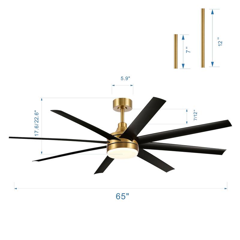 65 Inch Gold Morden Ceiling Fan with Light Remote(8-Blade)