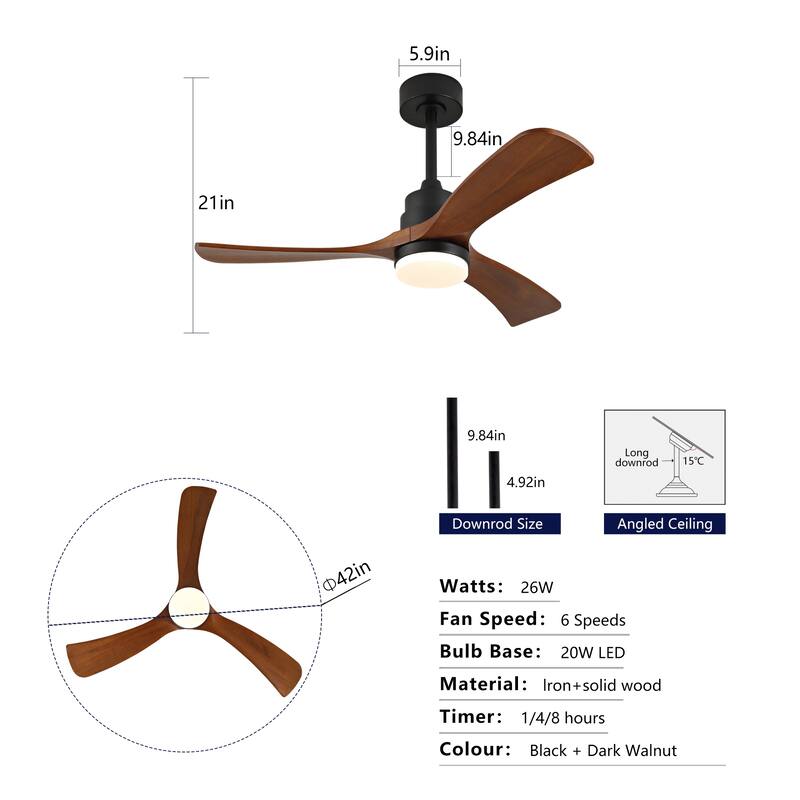 42 Inch Ceiling Fans with Lights and Remote, Outdoor Ceiling Fan for Patios with Light 3 Blades Modern Ceiling Fan - Black