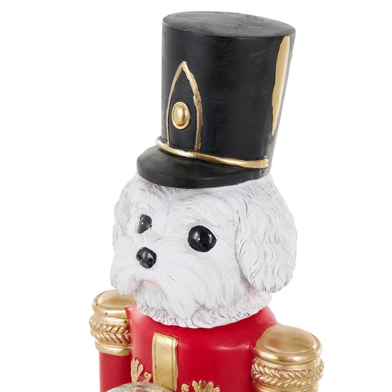 Fiberglass Dog Tall Soldier Nutcracker Christmas Sculpture with LED Light Snow Globe - Red - Roche River Decor