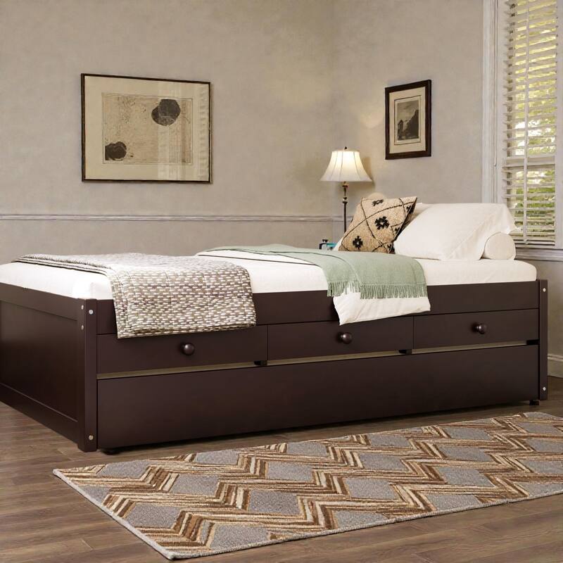 Platform Bed with Trundle, 2 Storage Drawers and Built In Power Strip, Solid Wood Bed Frame - Espresso - Twin