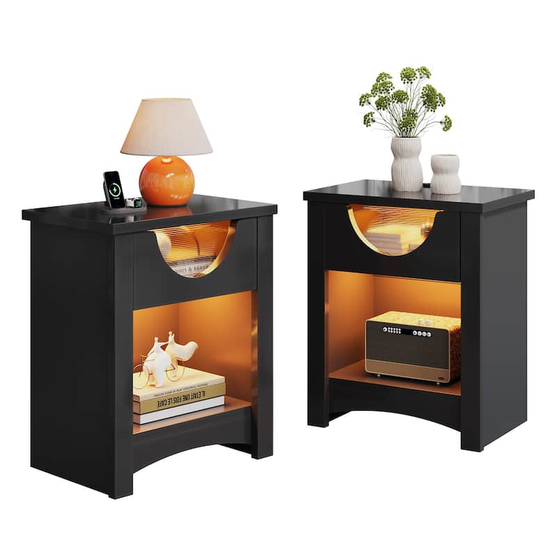 Bestier Nightstands Set of 2 with Charging Station, Modern LED End Table Bedside Table with Drawer for Bedroom & Living Room - Black