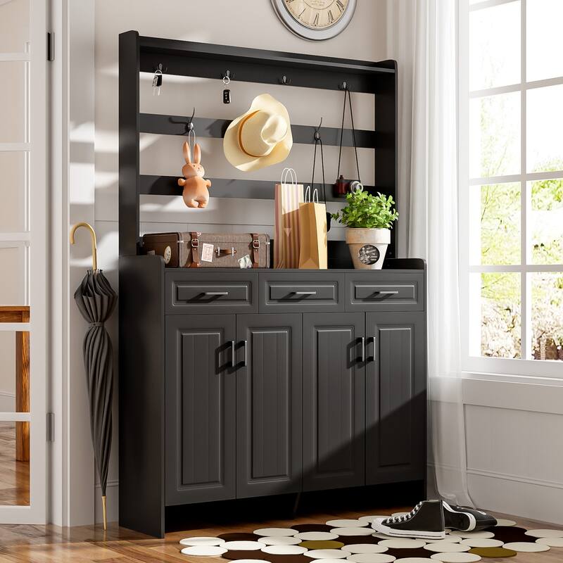 Shoe and Coat Cabinet with Drawers Shelves and Metal Hooks - 51.2" D x 13.8" W x 78.7" H