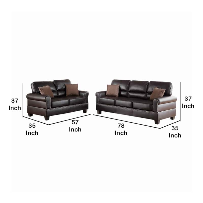 2 Pc Sofa and Loveseat Set, Espresso Brown Faux Leather, Nailhead Trim