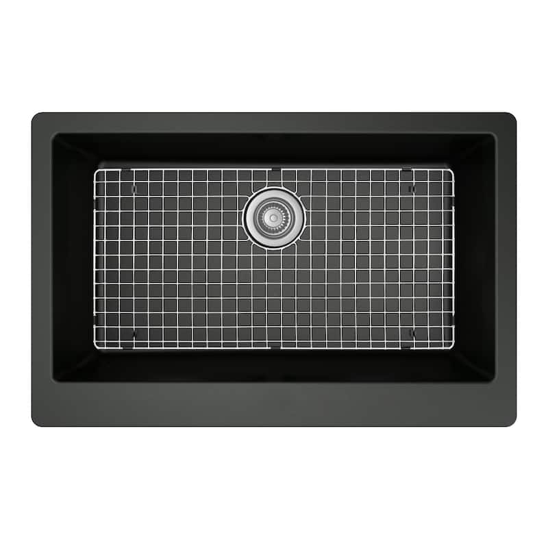 Karran All-in-One Farmhouse/Apron-Front Quartz 34 in. Single Bowl Kitchen Sink in Black with Faucet KKF220 in Stainless Steel